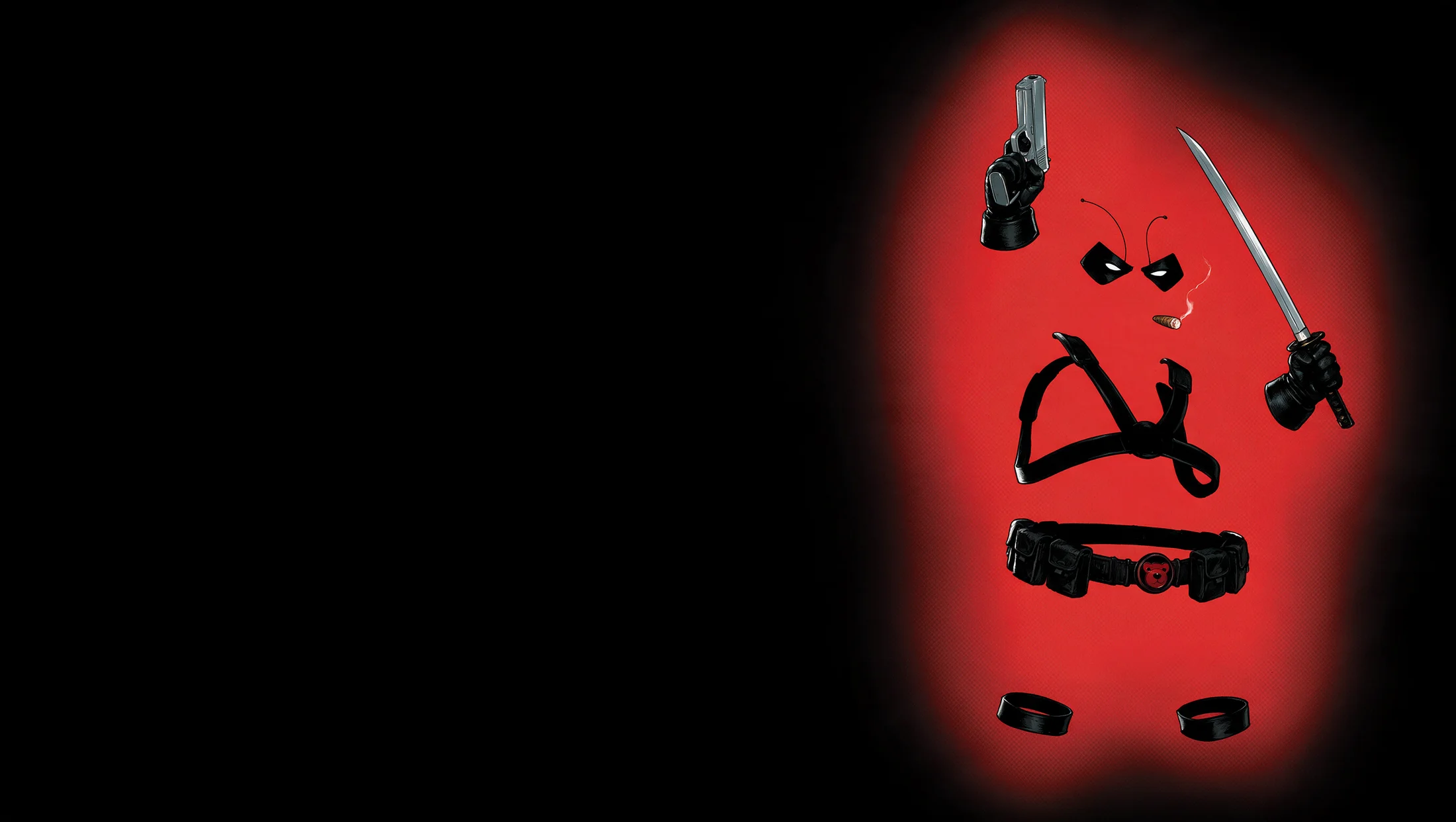 The dark red bear mercenary standing in blackness, pistol raised and katana out, a deep red glow around him fading to black