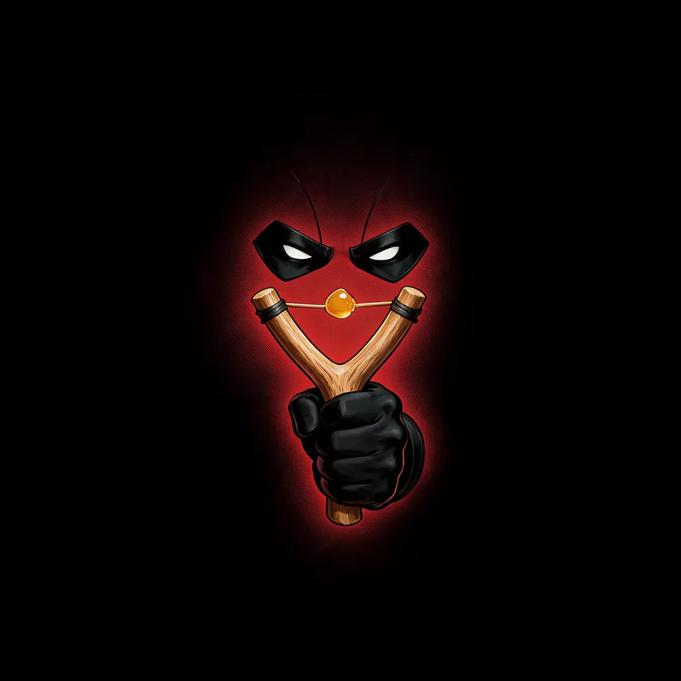 Negative-space art: the invisible bear's black gloves aim a slingshot loaded with a honey drop straight at the viewer inside a red glow