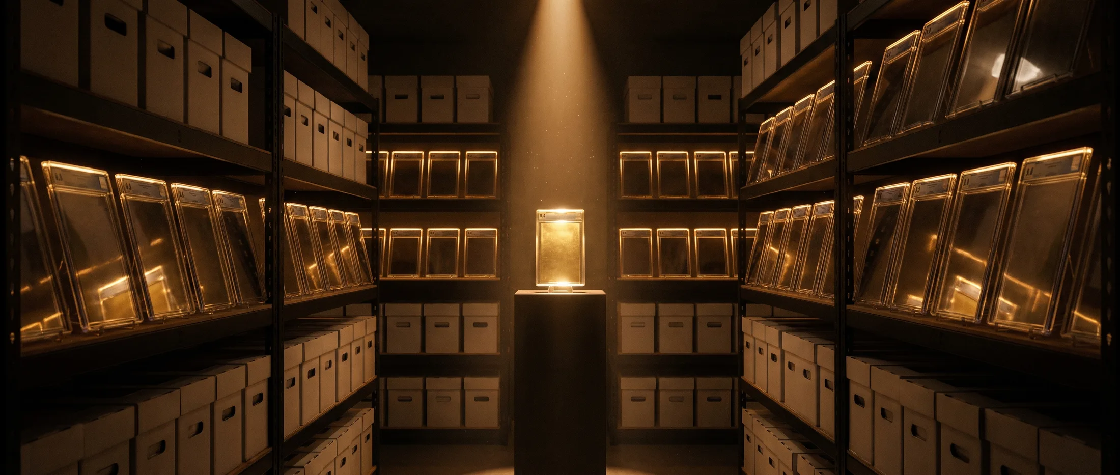 A dim collector's vault: long boxes and graded comic slabs glowing under warm honey-gold light